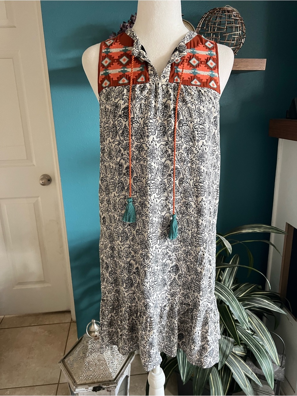 THML Boho Black and Cream Paisley Sleeveless Dress with Coral Accent